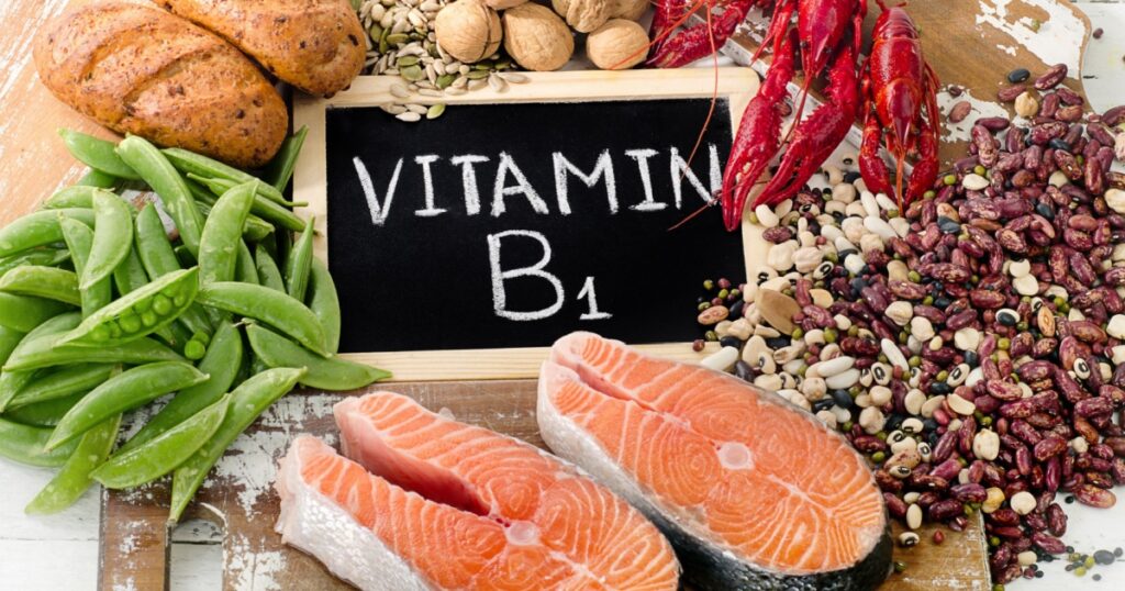 Foods Highest in Vitamin B1 (Thiamin). Healthy diet eating. Top view