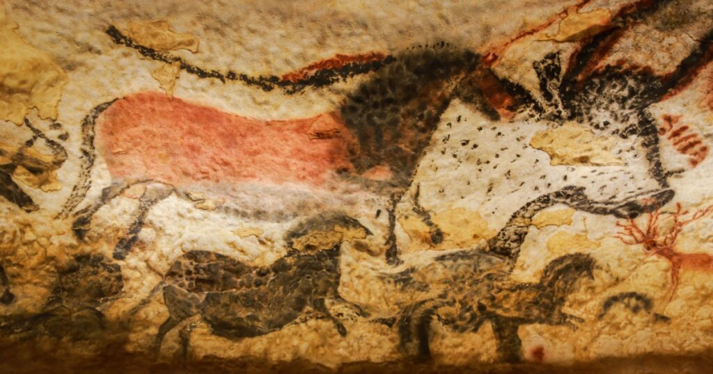 Vezere Valley, France - April 22, 2017 Images of animals, wall painting in the Lascaux Cave (UNESCO World Heritage List, 1979), Vezere Valley, France.