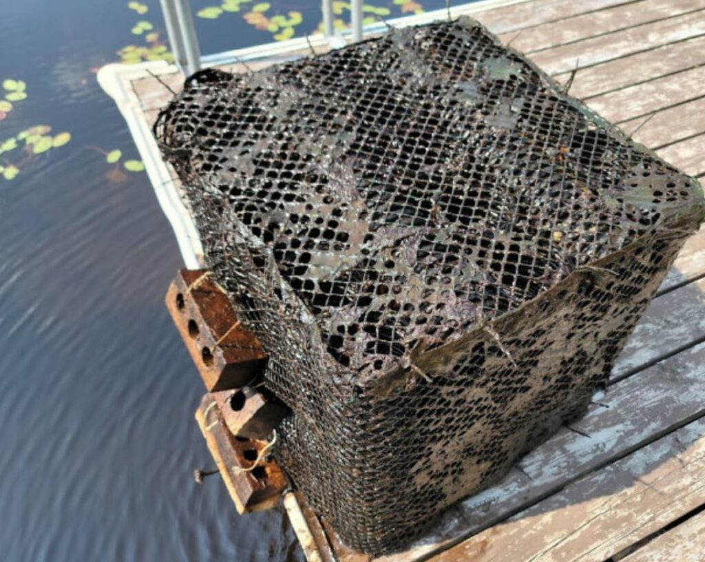 A strange object shaped like a box, on a dock and wrapped in plastic netting.