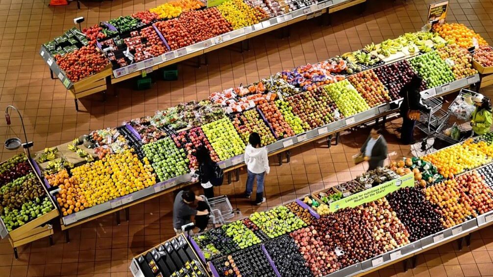 Aerial view of produce aisle at the grocery store. 