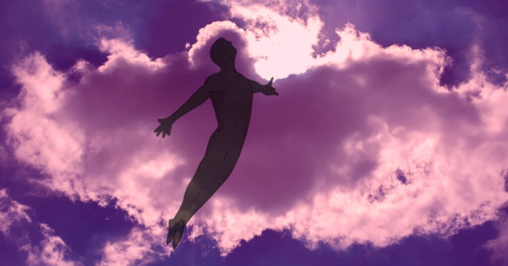 The man is flying in dreams through the cloudy night sky. The opened arms. Freedom and dreaming concept