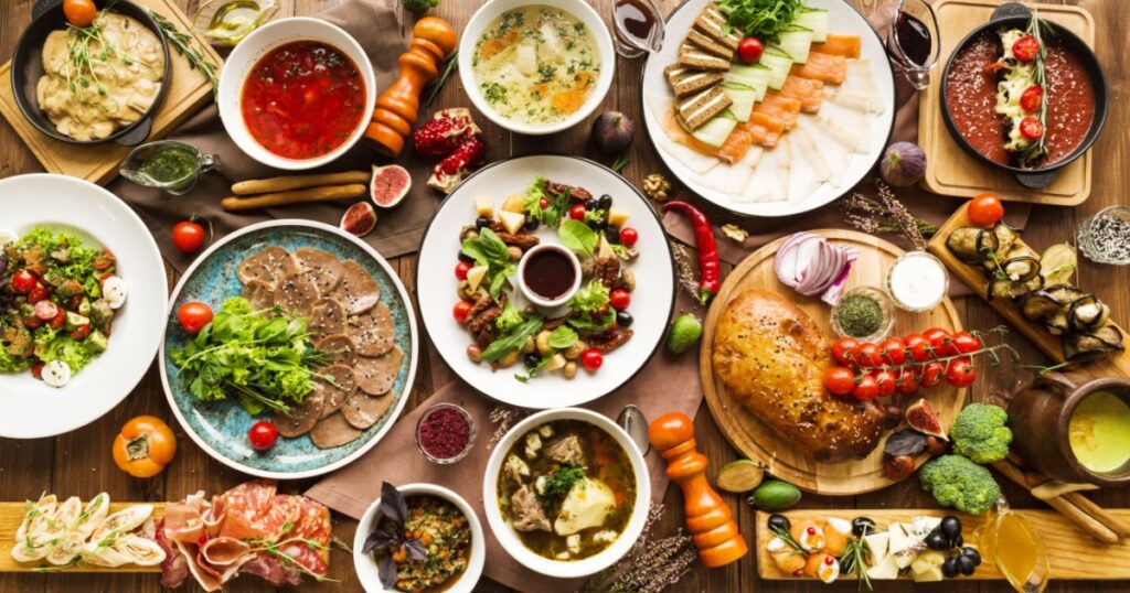 variety of restaurant dishes of national Georgian Armenian and Azerbaijani cuisine