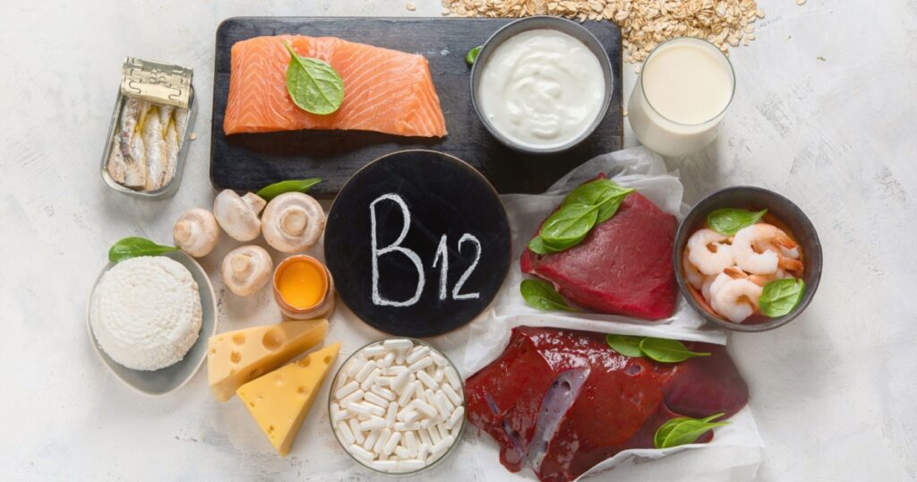 Natural sources of Vitamin B12 (Cobalamin) for normalization of sleep; ensuring normal brain function; supporting the respiratory system; alzheimer's deasease treatment. Top view