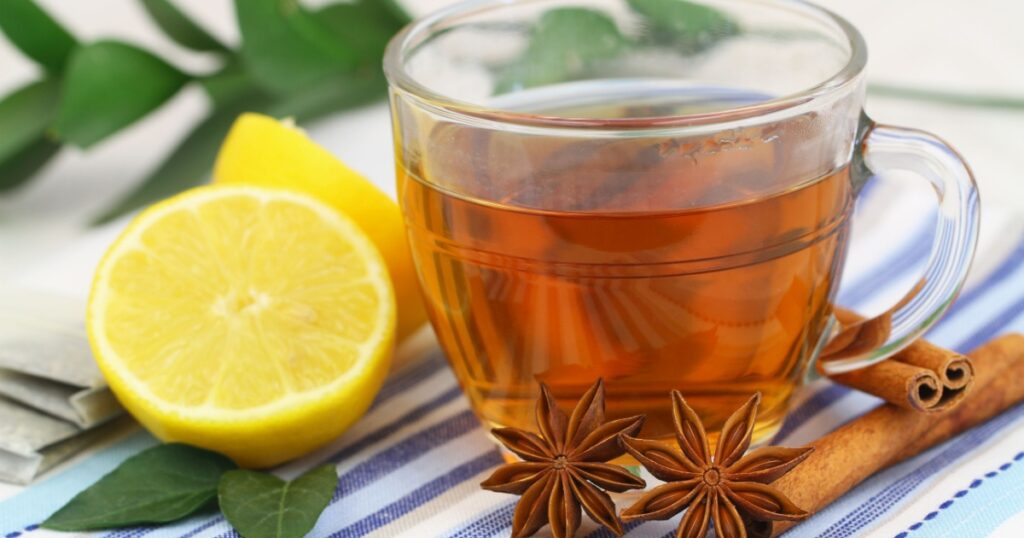 Tea, lemon, star anise and cinnamon