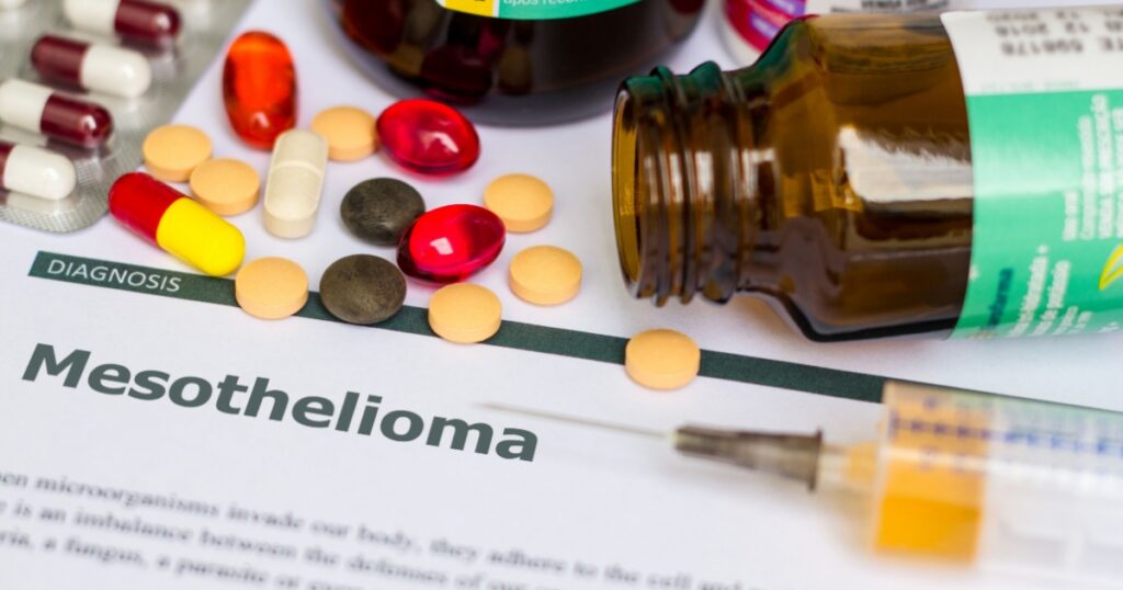 Mesothelioma - Diagnosis printed on white paper with medication, injection, syringe and pills