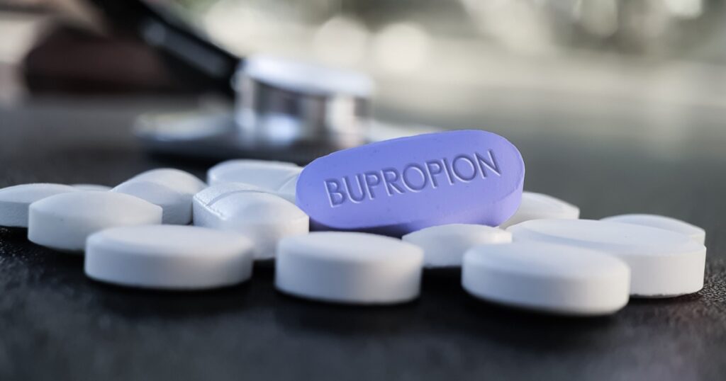 Bupropion pill drug medication used to treat major depressive disorder and support smoking cessation. Effective SSRI antidepressant