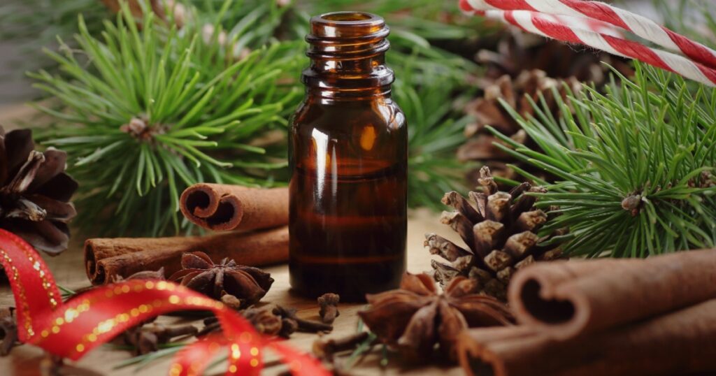 Essential oil bottle with cinnamon, star anise, clove, pine oils on wooden rustic background, closeup, aromatherapy, natural medicine, winter christmas holiday care concept