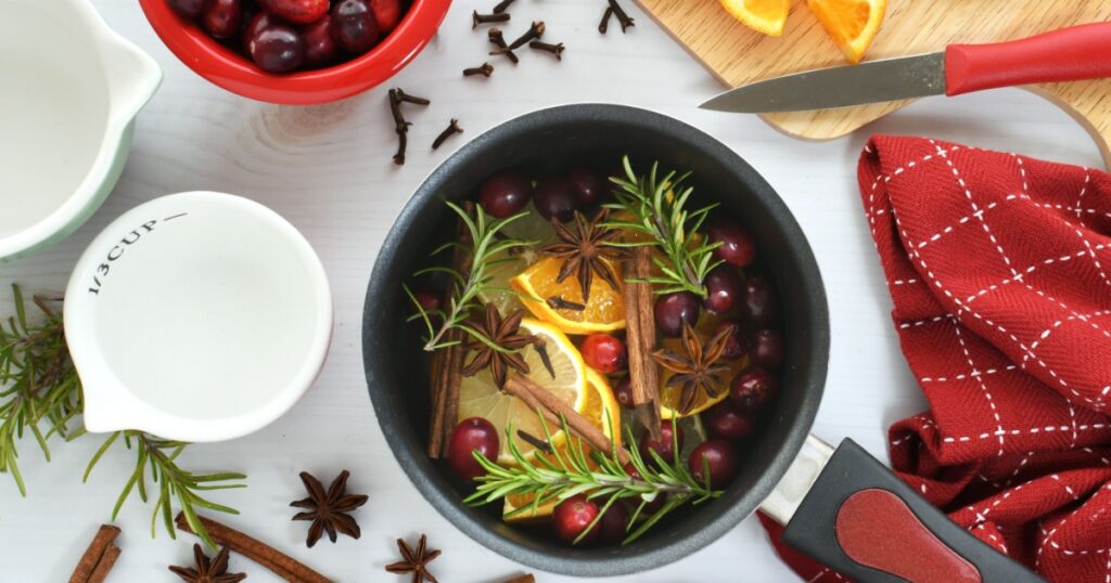 Making Christmas Scent to give as a gift - oranges, lemons, cranberries, cinnamon, star anise, cloves spices