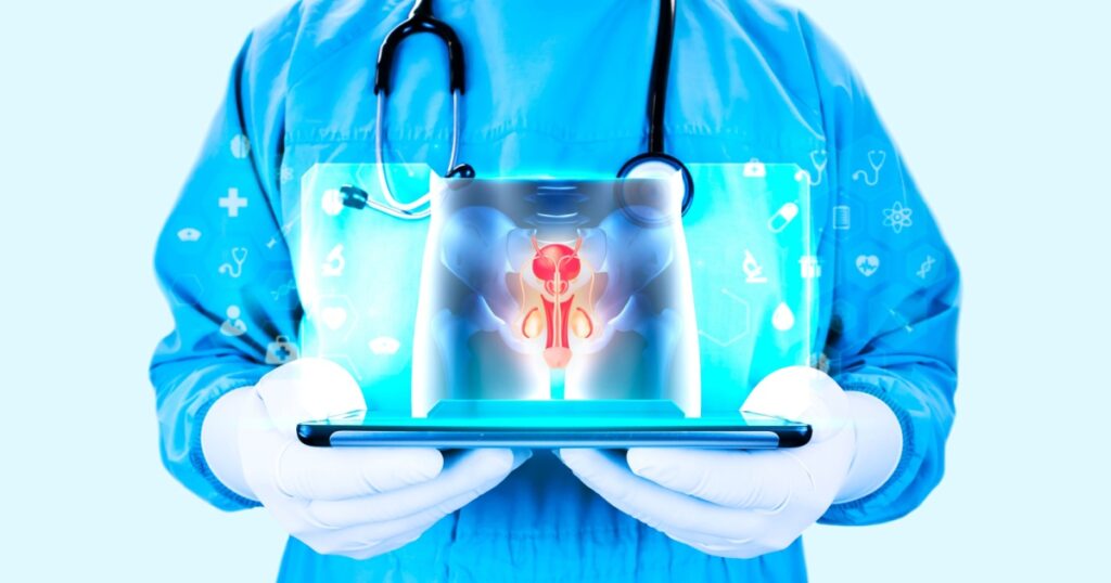 Male reproductive system. Erectile dysfunction, priapism, Peyronie's disease, The doctor shows the x-ray of the man's pelvic area. Analyze the male reproductive system on a light blue background