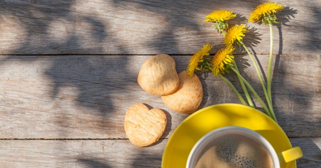 Coffee cup and cookies on garden table. Top view with copy space
