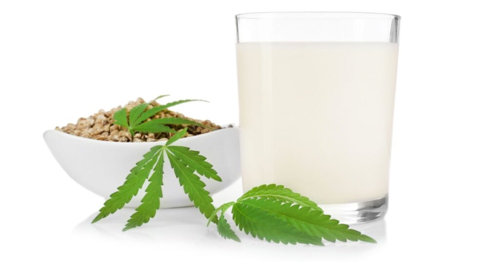 Glass of hemp milk and bowl with seeds isolated on white
