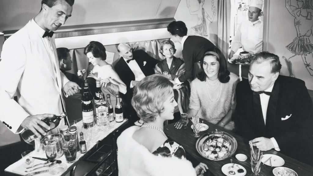 golden age of flying - Bacchanalian motifs served as a backdrop to cocktail hour on Lufthansa's first-class 'Senator' service in 1958