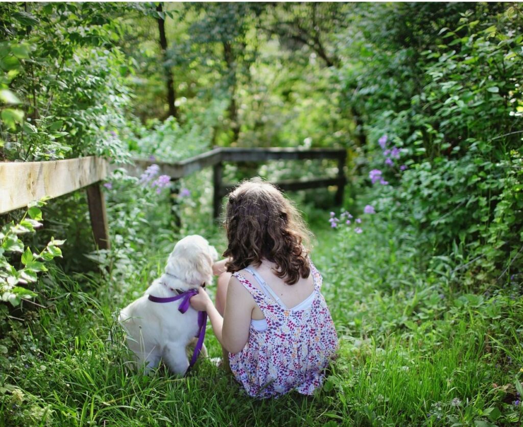 Child and puppy outside in a meadow with greenery and purple flowers in the background. 