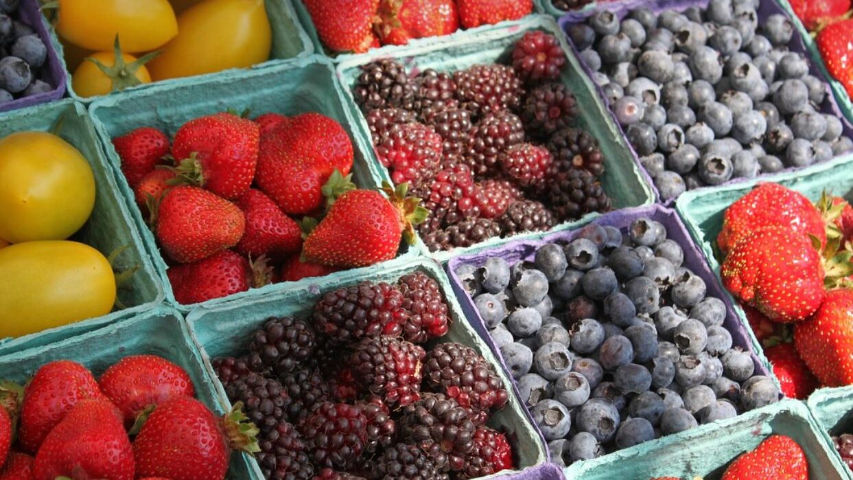 Baskets of fresh fruit. 