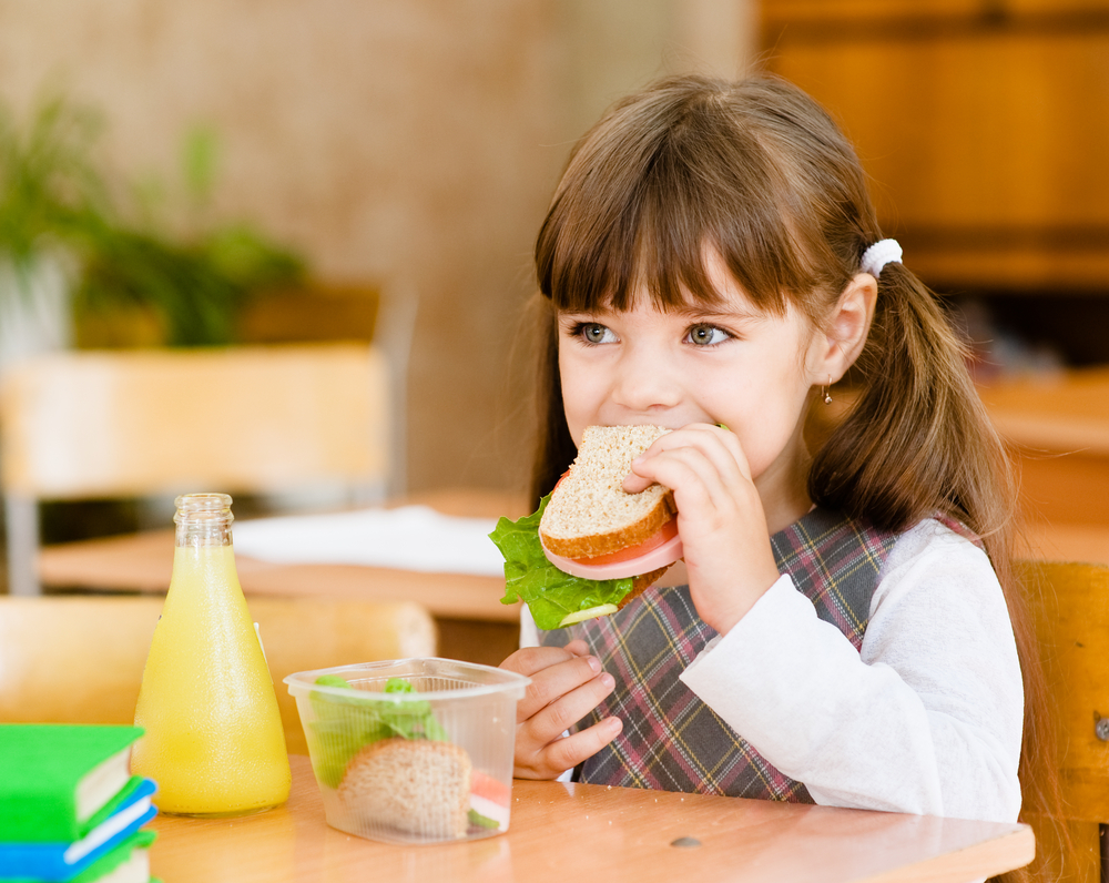 portrait schoolgirl looking at camera while having lunch during
