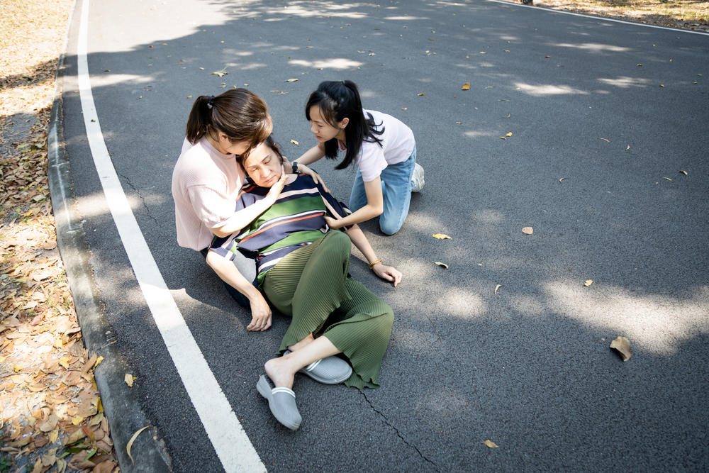 Sick asian senior woman fainting,syncope,chronic dizziness,unconscious fell to the floor suffer cardiac syncope,female elderly with postural hypotension or low blood pressure,stroke,health problem