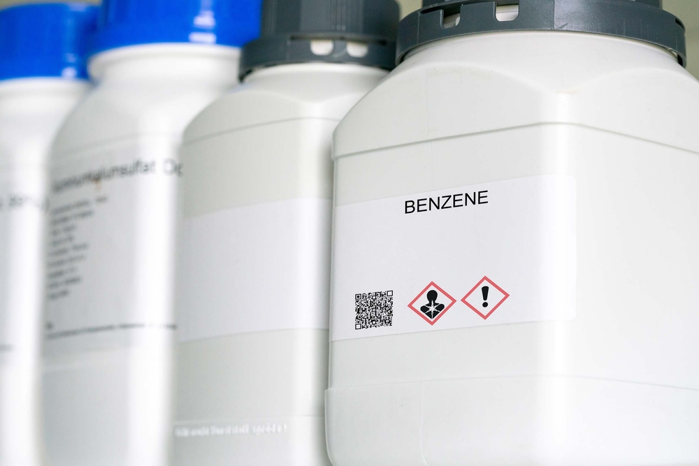 Benzene. Benzene hazardous chemical in laboratory packaging