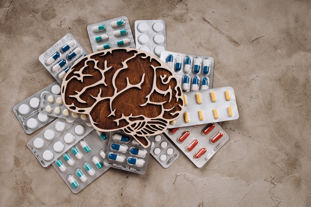 Brain with pills. Awareness of Alzheimer's, Parkinson's disease, dementia.