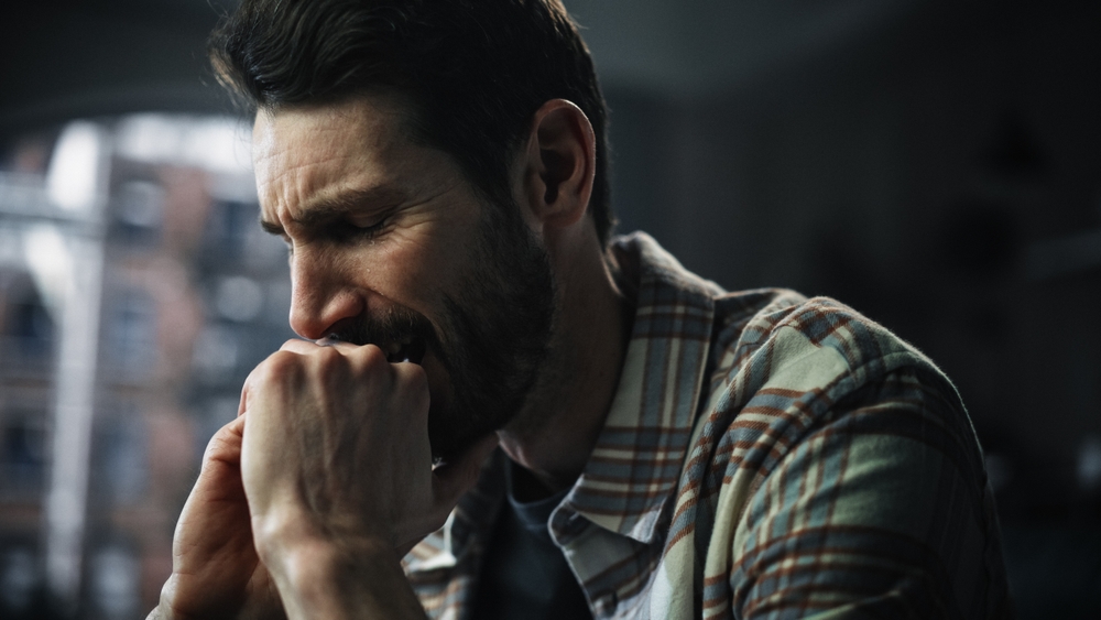 Portrait of Emotional Man Crying, Stressed, Having Mental Problems, Dealing with Death in the Family, Loneliness. Male Suffering from Depression, anxiety or other Treatable Disorders
