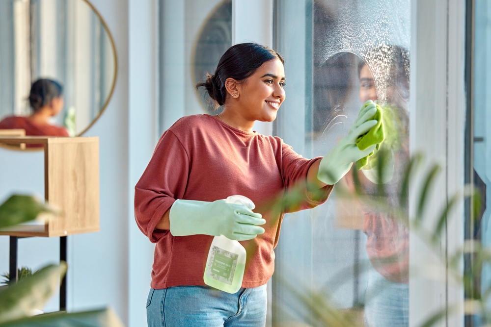 Woman, cleaning and window st home for dirt, dust and bacteria with a cloth and spray bottle for shine and clean view. Happy female cleaner or maid with a smile using chemical on apartment glass