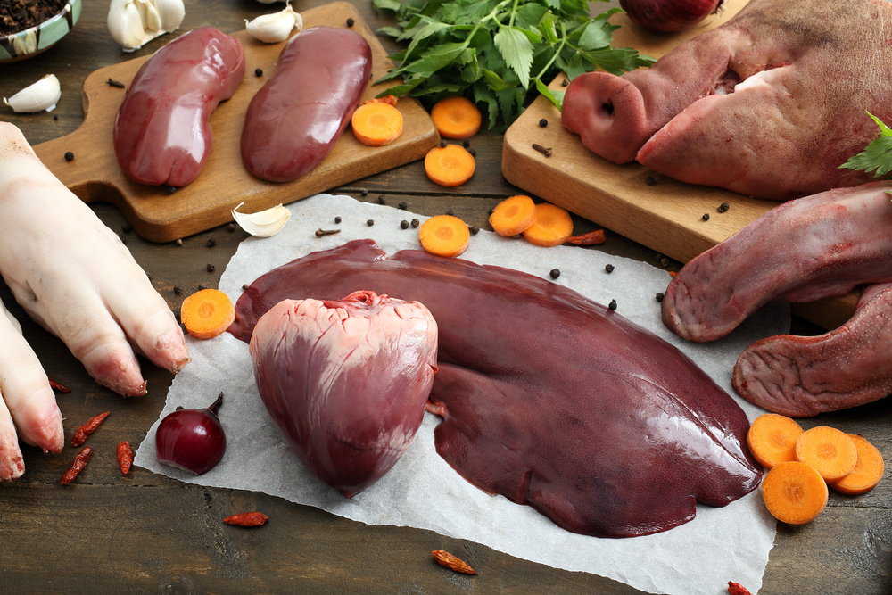 top view assorted raw pork meat on rustic table background