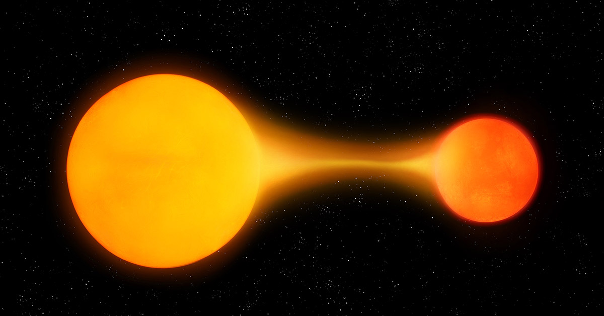 Two stars exchange matter. A giant star absorbs matter from another star. Accretion process in a binary system.