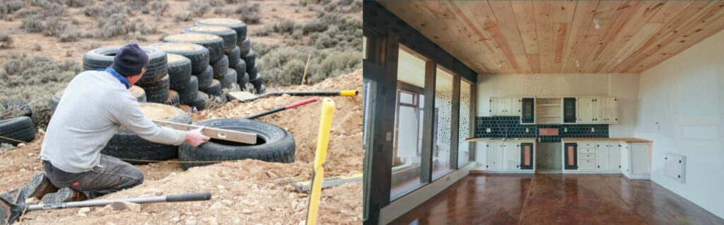 An image of a man building with recycled tires alongside an image of the inside of a kitchen. 