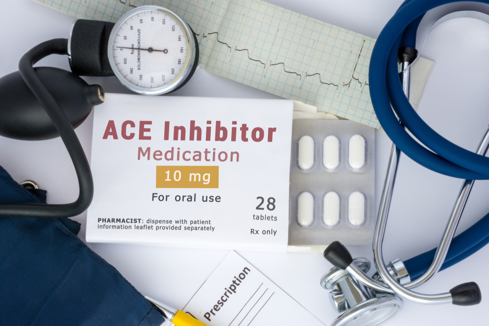 KYIV, UKRAINE-APRIL 09, 2019: ACE inhibitor drug for blood, for prevention or prophylaxis of vascular diseases of heart or vessel. Packing of pills with inscription "ACE inhibitor medication" on table