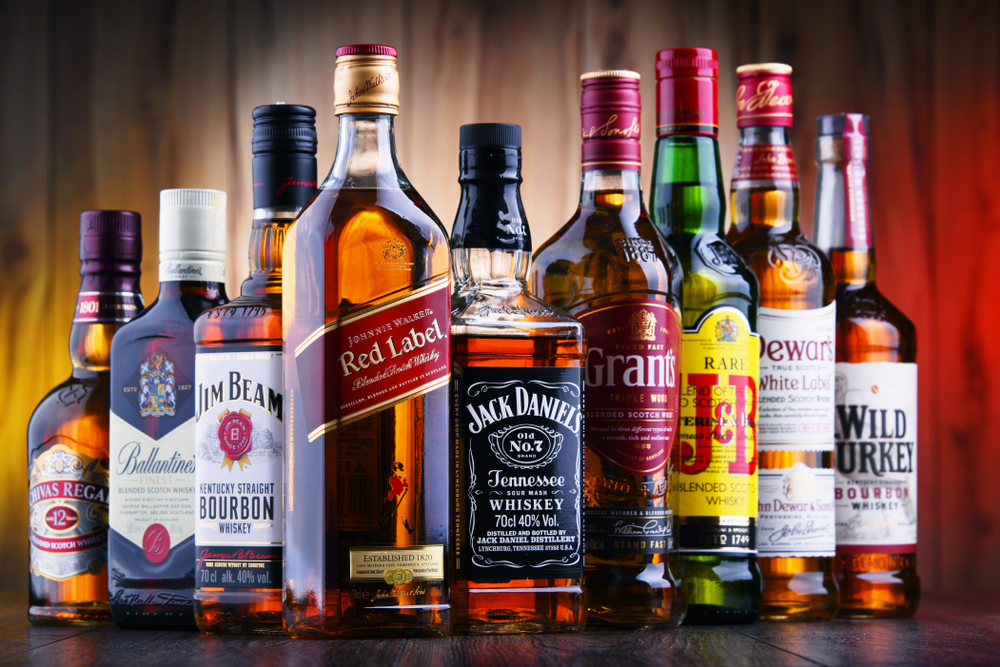 POZNAN, POLAND - JUL 5, 2019: Bottles of several global whiskey brands, the most popular liquor in the world.