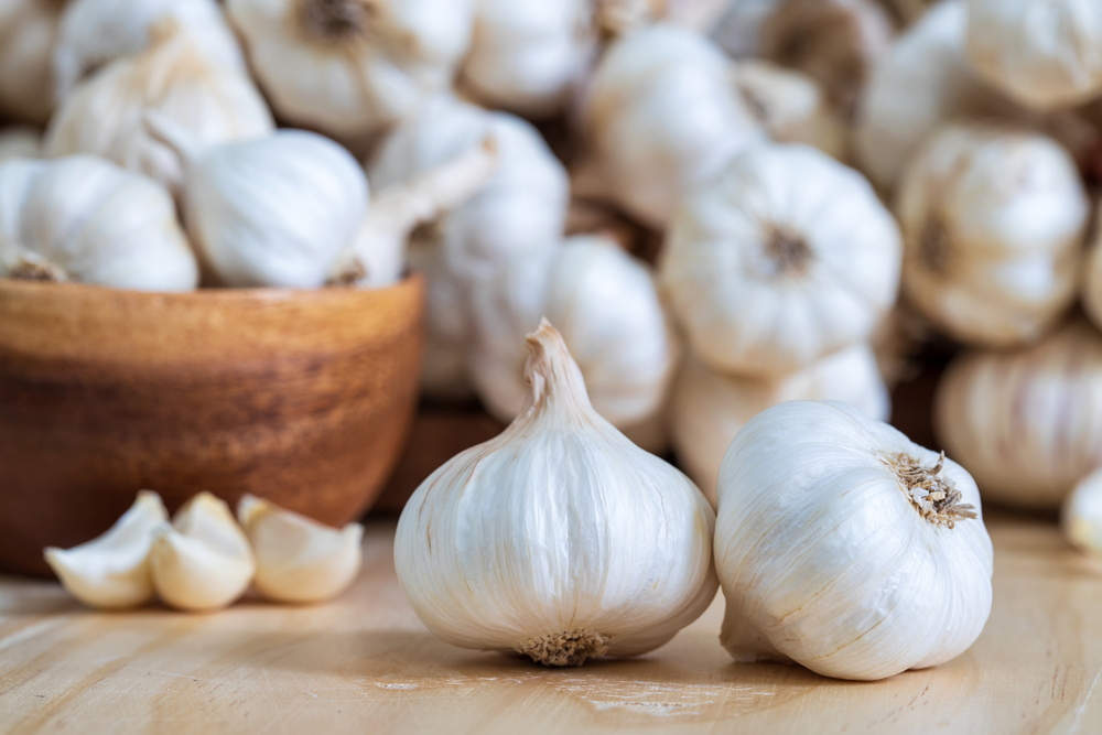 Closeup of Garlic bulbs on wooden table with garlics blur background.
