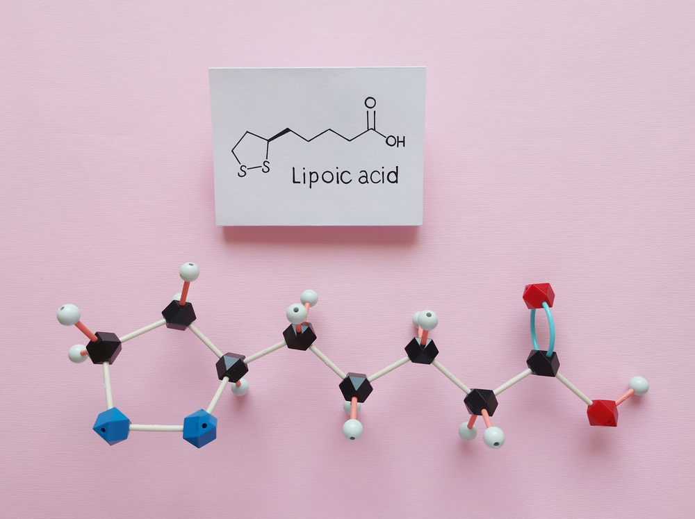 Structural chemical formula and molecular structure model of lipoic acid. Lipoic acid (ALA, Thioctic acid) is an organosulfur compound, antioxidant, enzyme cofactor; used as a dietary supplement.