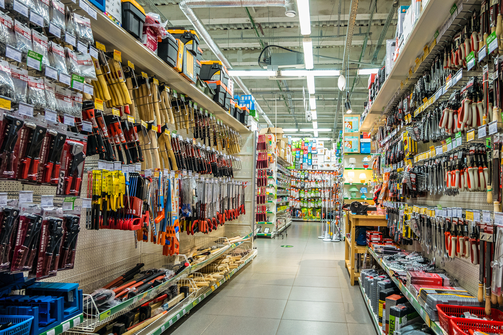 Belgorod, Russia - September 10, 2019: Shopping row in construction market. Shelves with hand tools.