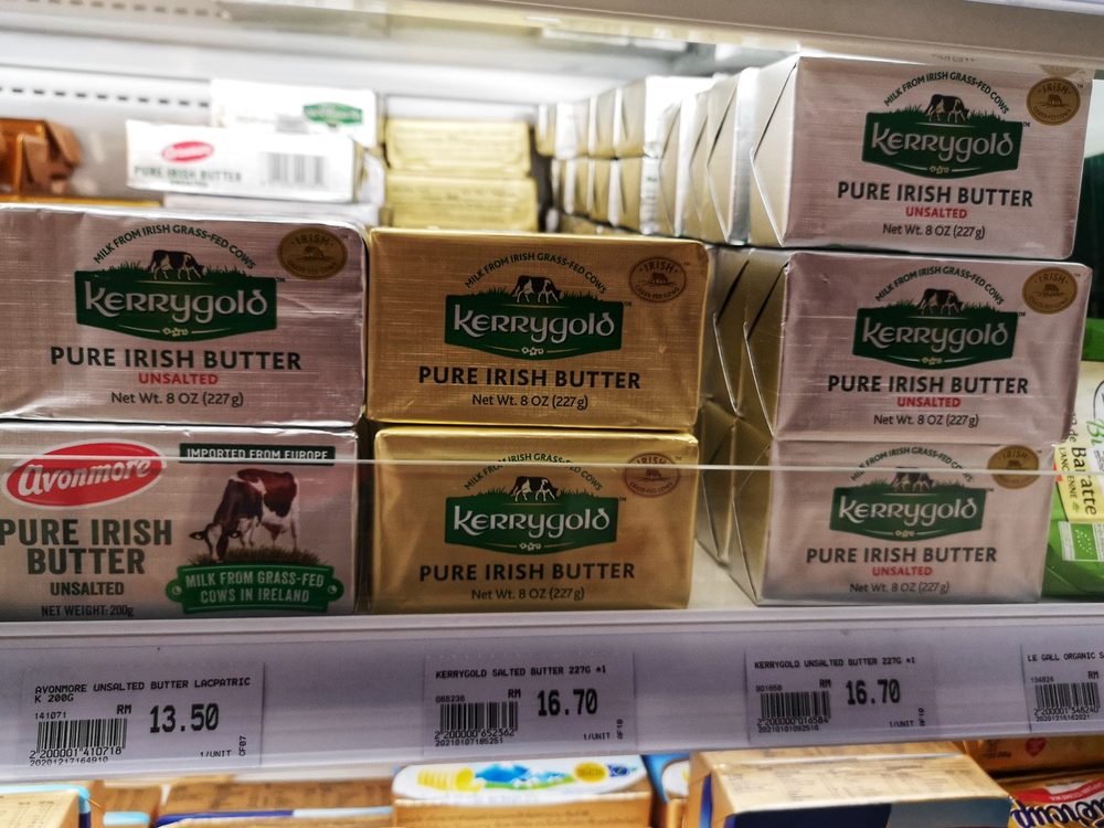 Teluk Panglima Garang, Malaysia - 20 January 2021 : KERRYGOLD Pure Irish Salted Butter display for sell on the hypermarket shelf with selective focus.