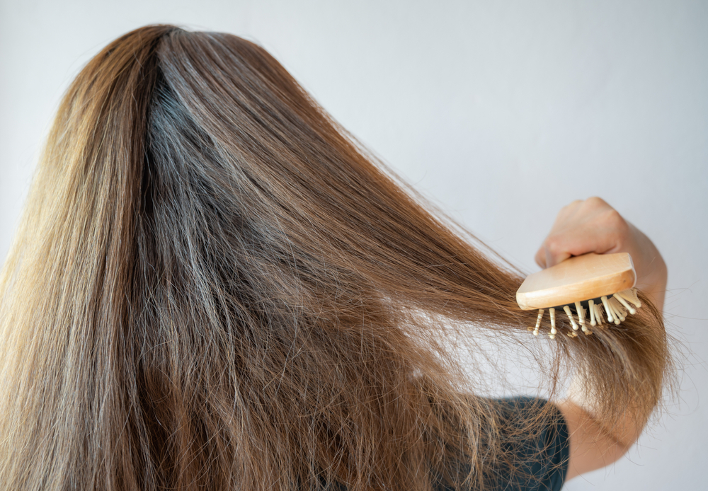 Rear view of young Asian woman brushing her thick hair. Thick hair technically refers to the width of a single strand of hair, whereas hair density refers to the number of strands on your head.