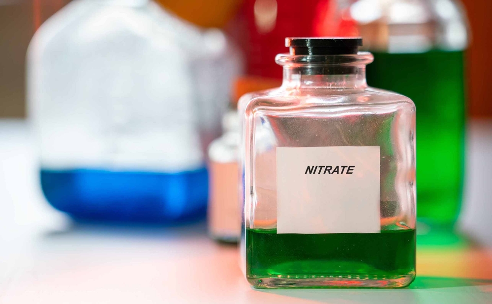 Nitrate. Nitrate hazardous chemical in laboratory packaging