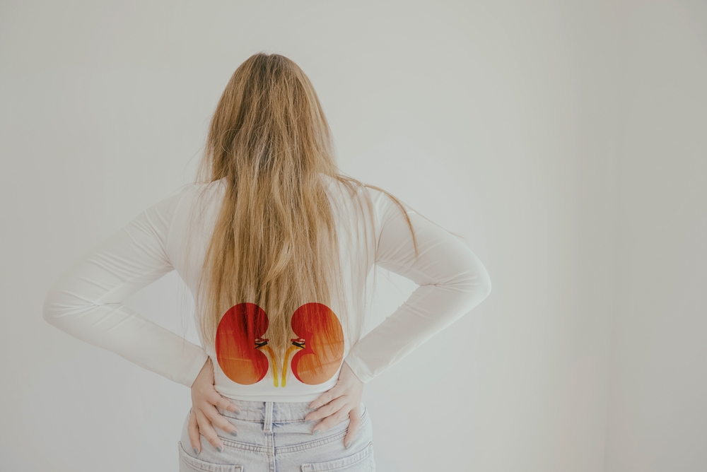 Back view of woman suffering from lower back pain with kidney shape, chronic kidney disease, renal failure, dialysis concept