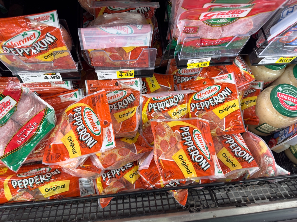 Los Angeles, California, United States - 02-01-2023: A view of several packages of Hormel pepperoni, on display at a local grocery store.