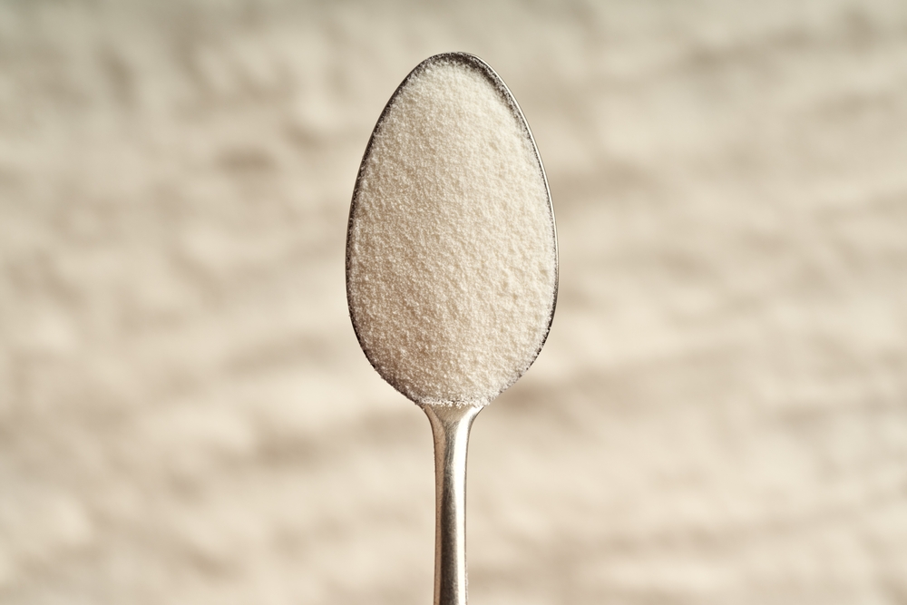 Collagen powder on a metal spoon, top view
