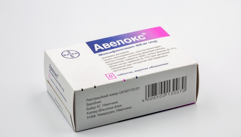 Kyiv, Ukraine - October 24, 2023: Studio shoot of Avelox moxifloxacin tablets box by Bayer closeup on white. It is an antibiotic, used to treat different bacterial infections.