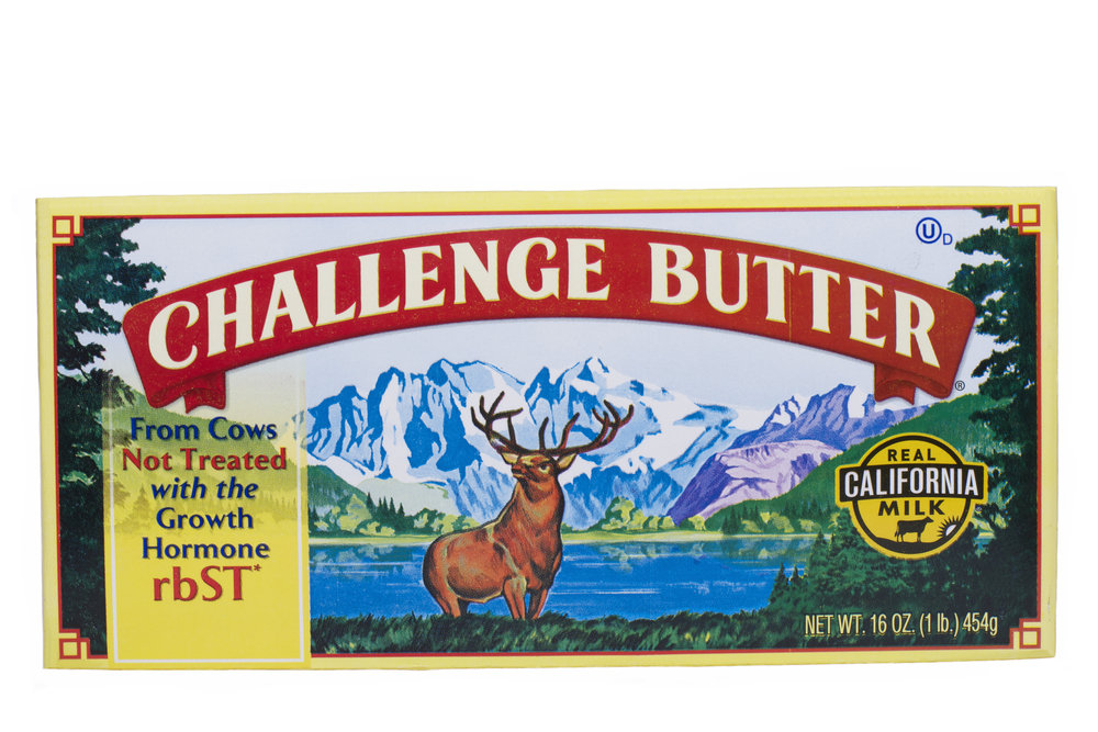 ALAMEDA, CA - DECEMBER 13, 2014: 16 ounce box of Challenge brand Butter. Made with Real California Milk. From Cows Not Treated with the Growth Hormone rbST.