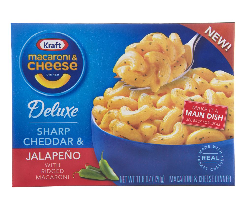 ALAMEDA, CA - JULY 08, 2015: One 11.6 ounce box of Kraft brand Macaroni and Cheese. Deluxe Sharp Cheddar and Jalapeno with ridged macaroni.