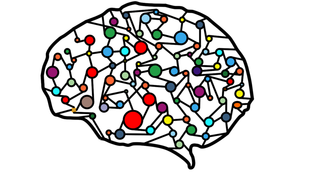A brain with dozens of coloured dots connected to each other inside