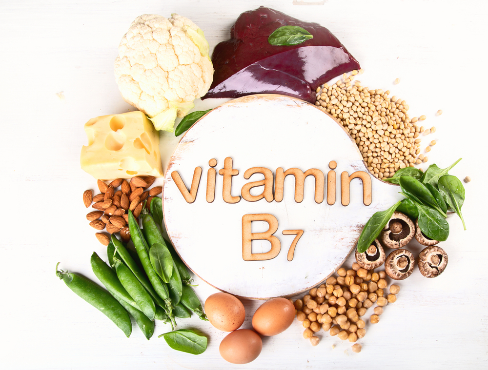 Foods rich in vitamin B7 (Biotin). Healthy eating concept. Top view
