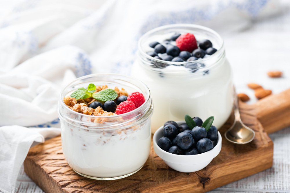 Natural Greek Yogurt With Fresh Berries And Granola In Jar. Healthy Eating, Healthy Lifestyle, Sporty Fitness Food Menu Concept