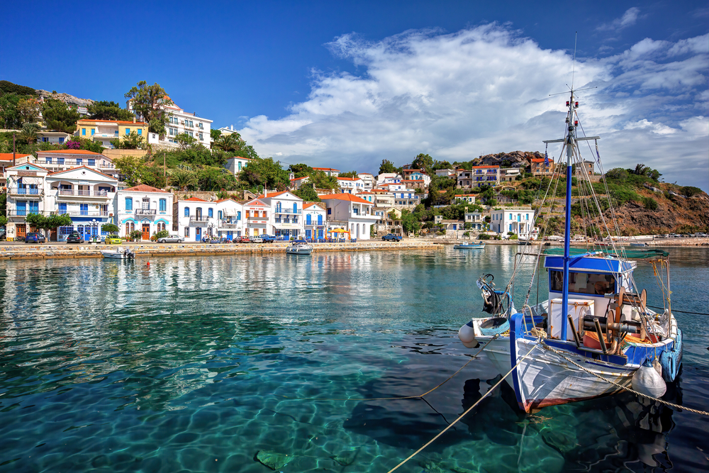 Traditional village of Evdilos, in Ikaria island, Greece, with fishing boats
