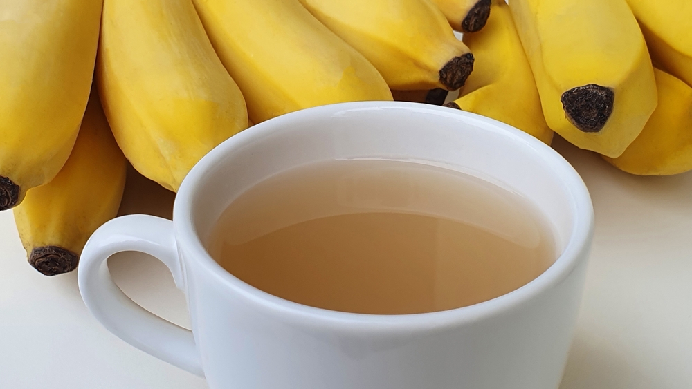 Banana peel tea, a cup of organic banana peels tea, healthy diet.
