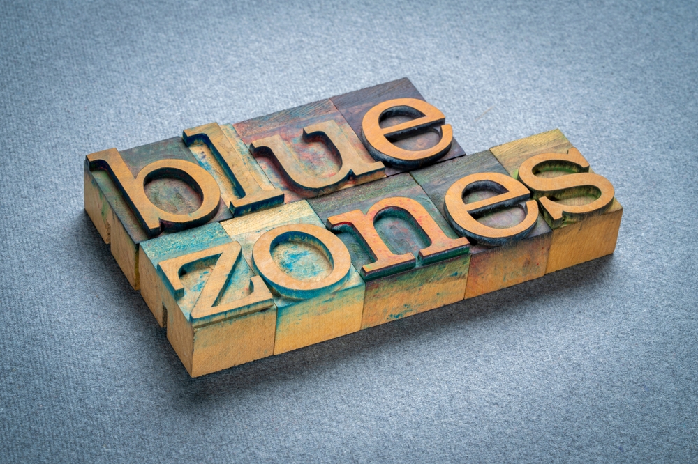 blue zones, areas with high life expectancy due to healthy lifestyle practices, word abstract in vintage letterpress wood type on art paper
