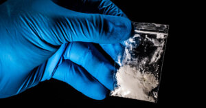 Drug With Potency 50x That of Fentanyl Discovered in Florida hand wearing blue latex glove holding a small bag of white powder narcotics. Fentanyl contamination concept
