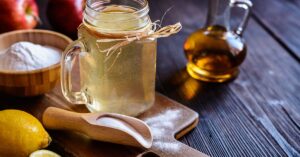 Epstom salts, apple cider vinegar, lemon and other natural remedies. sore throat remedies concept