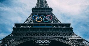 The Eiffel Tower with Olympic rings. Paris Olympics 2024 concept
